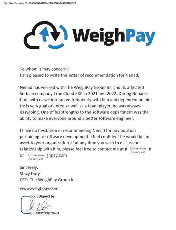 Recommendation Letter From TrueCloudERP